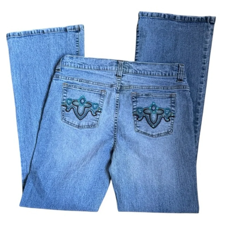 Y2K Embroidered pockets w/Rhinestones mid rise medium wash flare bottoms sz‎ 11